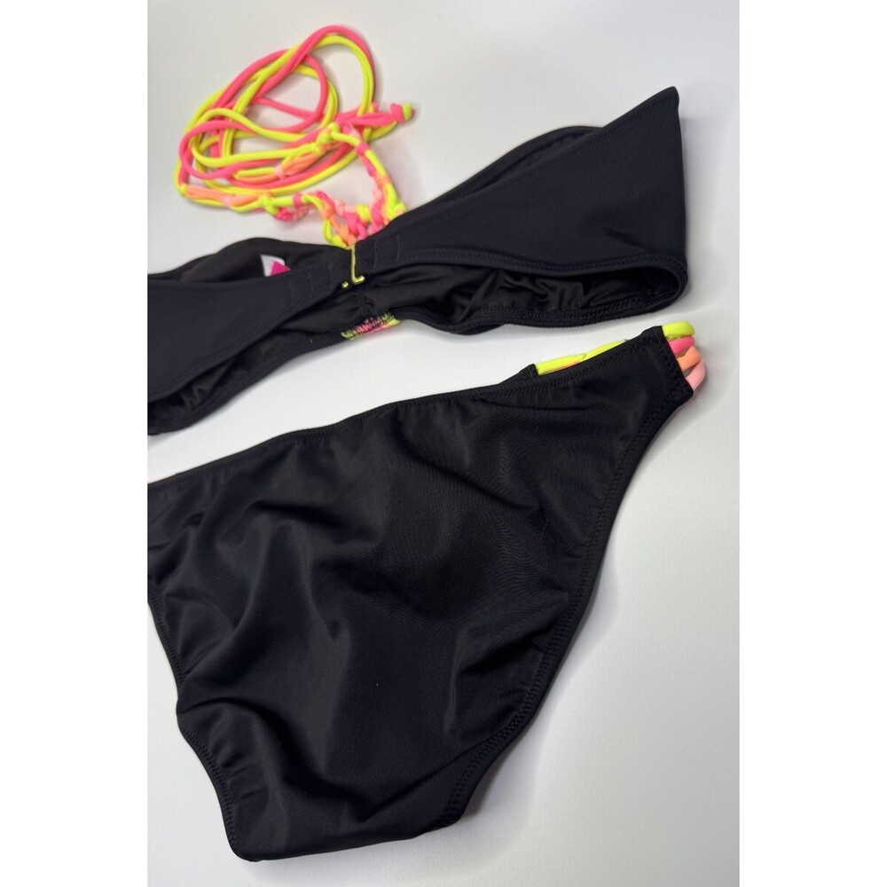 Victoria's Secret Black Hot Pink Orange Yellow NEON Strappy Cheeky Swim Set Med - Picture 5 of 16